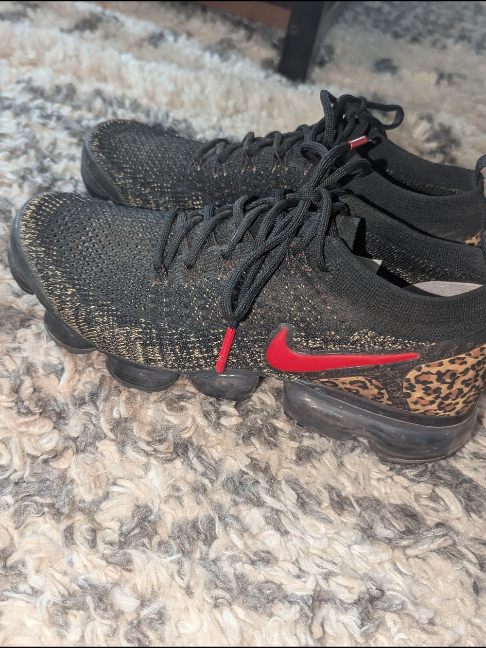 Nike Air VaporMax Flyknit Sneakers - Black with Red & Leopard Accent